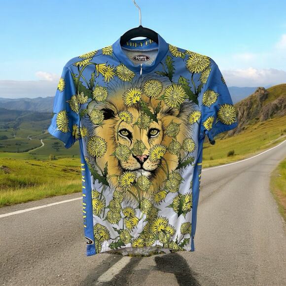 Primal Tops - Primal SIZE Large Short-Sleeve Cycling Jersey Floral Lion Print Zip blue yellow